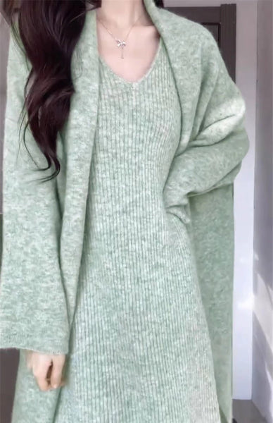 2 Piece Cotton Blend French MIDI Knit Dress + Cardigan Set - Wigging It Etc