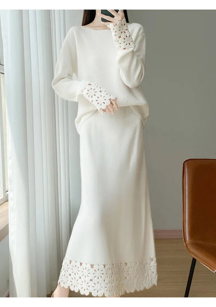 2 Piece Vintage Elegant 100% Wool Sweater+MAXI Skirt Set - Wigging It Etc