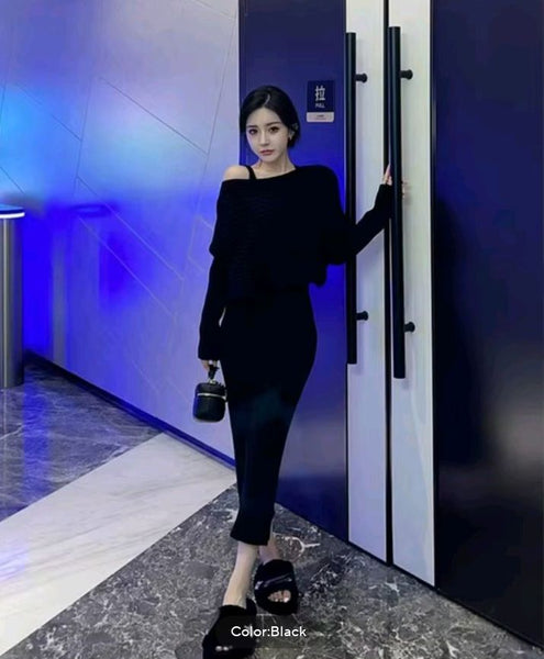 2 Piece Cotton Blend Pullover MIDI Sweater Dress+Sweater Set