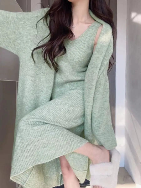 2 Piece Cotton Blend French MIDI Knit Dress + Cardigan Set - Wigging It Etc