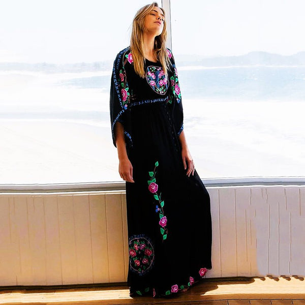100% Cotton Retro Batwing - Sleeved Embroidered Bohemian MAXI Dress - Wigging It Etc