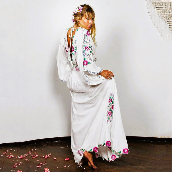 100% Cotton Retro Batwing - Sleeved Embroidered Bohemian MAXI Dress - Wigging It Etc
