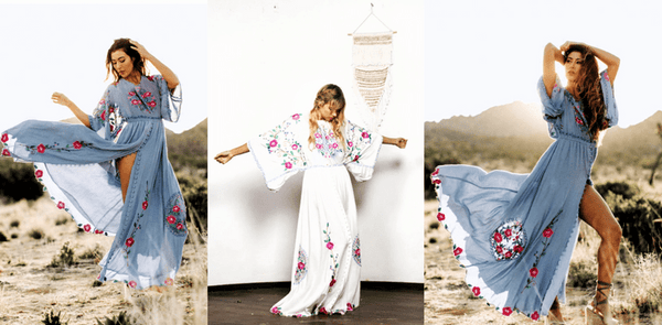 100% Cotton Retro Batwing - Sleeved Embroidered Bohemian MAXI Dress - Wigging It Etc