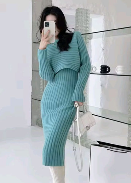 2 Piece Cotton Blend Pullover MIDI Sweater Dress+Sweater Set