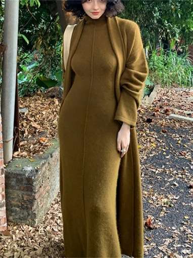 2 Piece Sleek Vintage Cotton Blend Cardigan+ A - Line MAXI Dress Set - Wigging It Etc