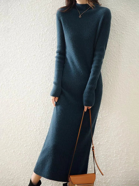 Elegant Minimalist 100% Merino Wool Pullover MAXI Sweater Dress - Wigging It Etc