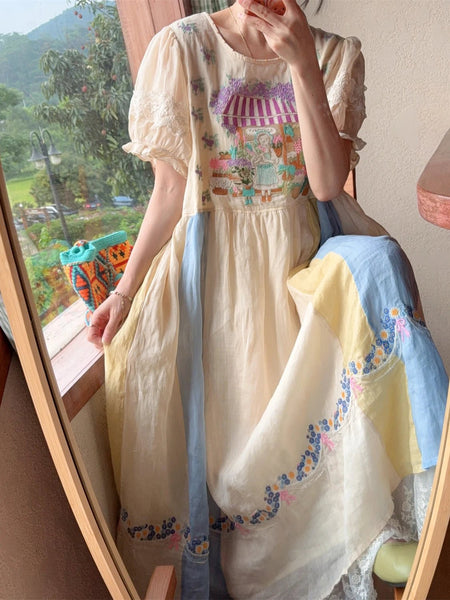 Exquisitely Embroidered Quirky A - Line Ramie+Linen MIDI Dress - Wigging It Etc