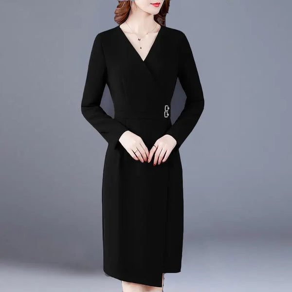 Elegant A - Line Long Sleeved V - Neck MIDI Dress - Wigging It Etc