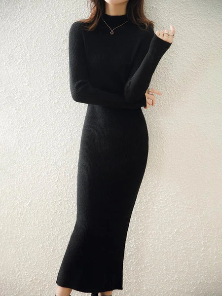 Elegant Minimalist 100% Merino Wool Pullover MAXI Sweater Dress - Wigging It Etc