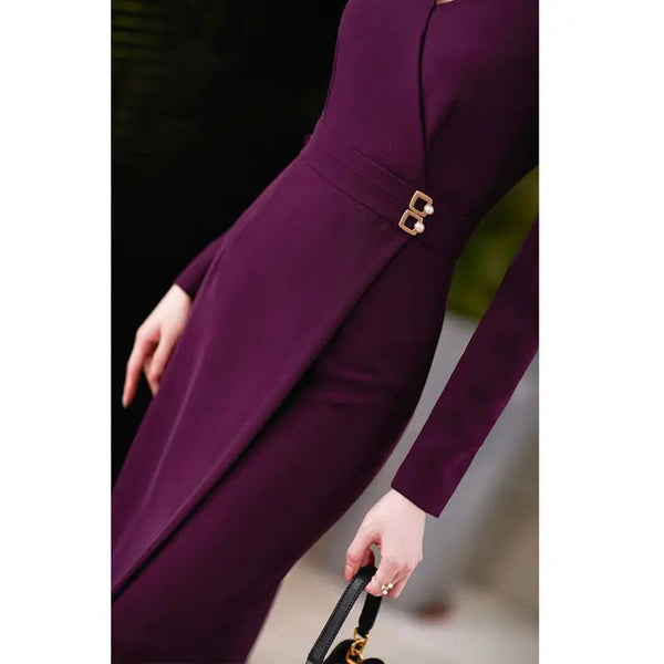 Elegant A - Line Long Sleeved V - Neck MIDI Dress - Wigging It Etc