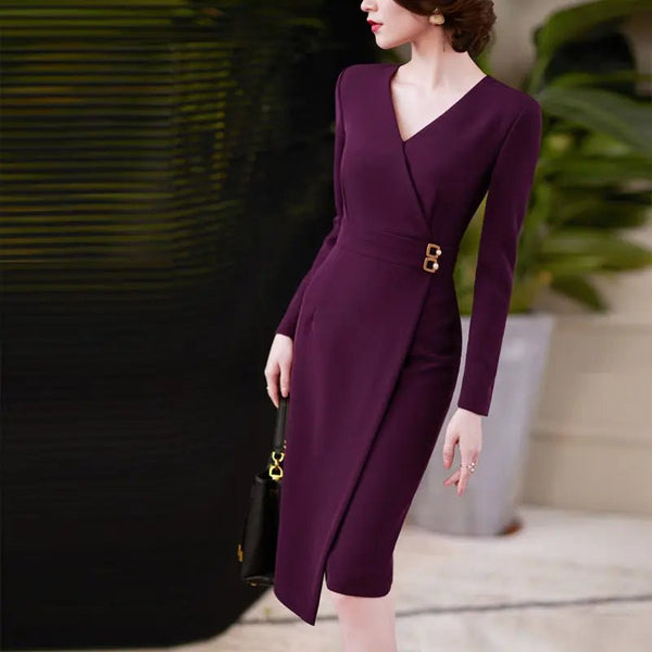 Elegant A - Line Long Sleeved V - Neck MIDI Dress - Wigging It Etc