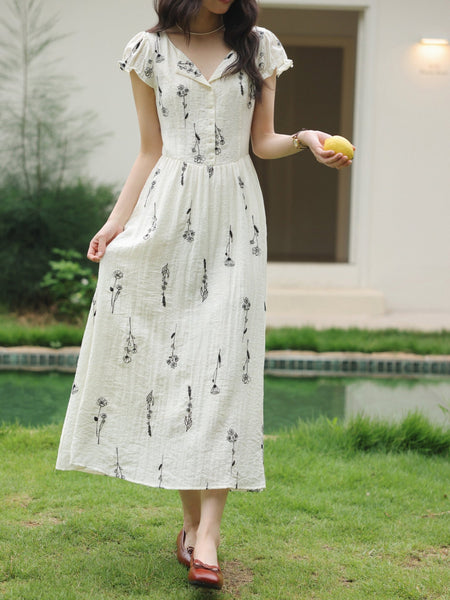 Minimalist Linen Blend A - Line Embroidered French Floral MIDI Dress - Wigging It Etc