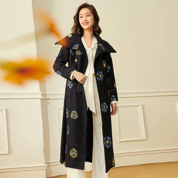 English Style Double Breasted Wool+ Cotton Blend Embroidered Winter Coat