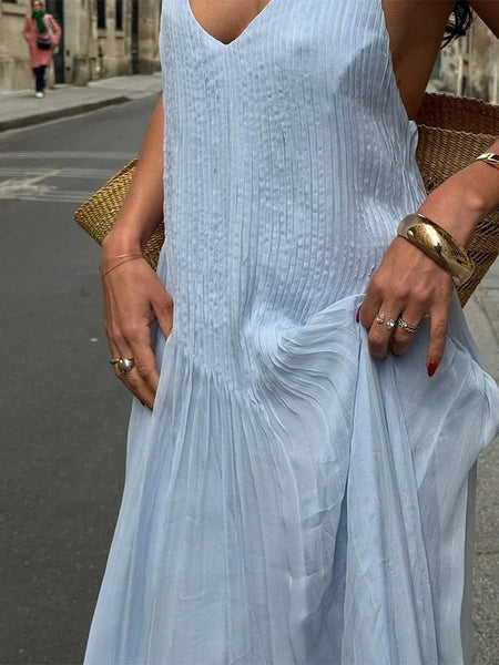 Vintage Sexy Pleated Plunging Back Bohemian MAXI Dress - Wigging It Etc