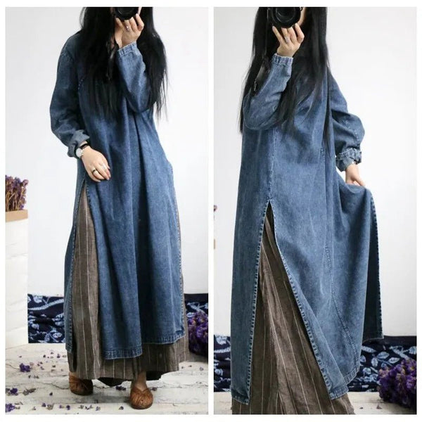 Retro Loose Comfy Denim Pullover MAXI Dress - Wigging It Etc