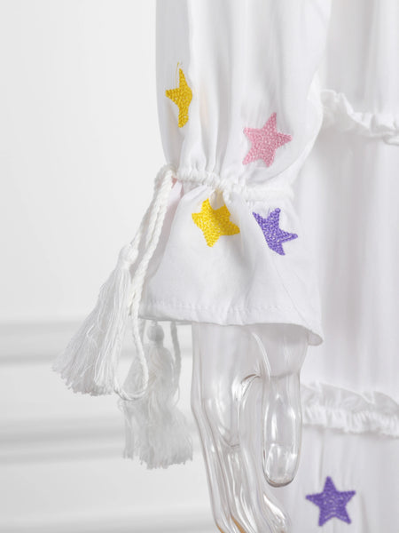 Alluring Breathable 100% Cotton Embroidered V - Neck Bohemian MAXI Dress - Wigging It Etc