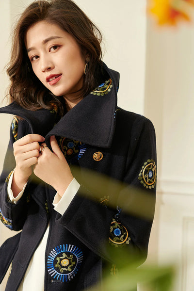 English Style Double Breasted Wool+ Cotton Blend Embroidered Winter Coat