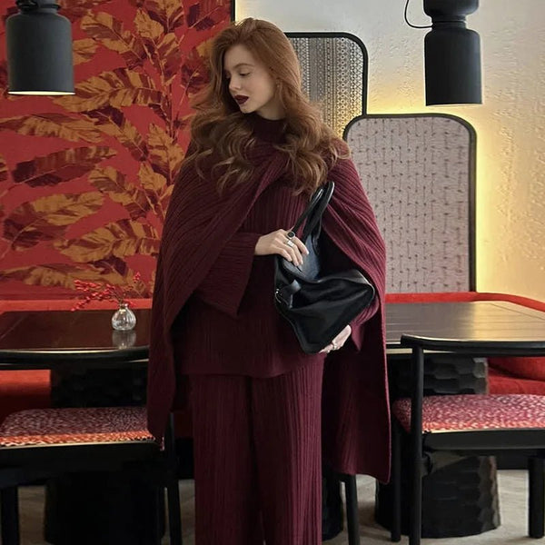 Chic Cotton Blend 3 Piece Sweater+Shawl+Palazzo Pants Set - Wigging It Etc
