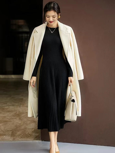 Elegant 100% Merino Wool A - Line Pleated Flared 3 Season MAXI Dress - Wigging It Etc