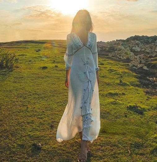 Classic Cotton V - Neck Lantern - Sleeved A - Line Bohemian MAXI Dress - Wigging It Etc