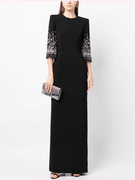 Vintage Tastefully Beaded Cotton Blend Special Occasion MAXI Gown - Wigging It Etc