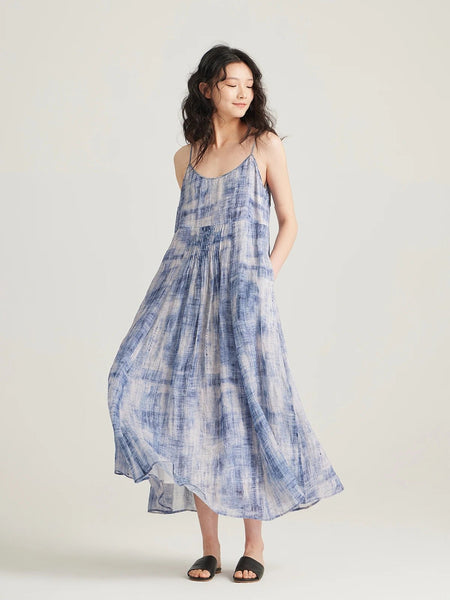 Vintage A - Line Cotton Linen Print MAXI Sundress - Wigging It Etc