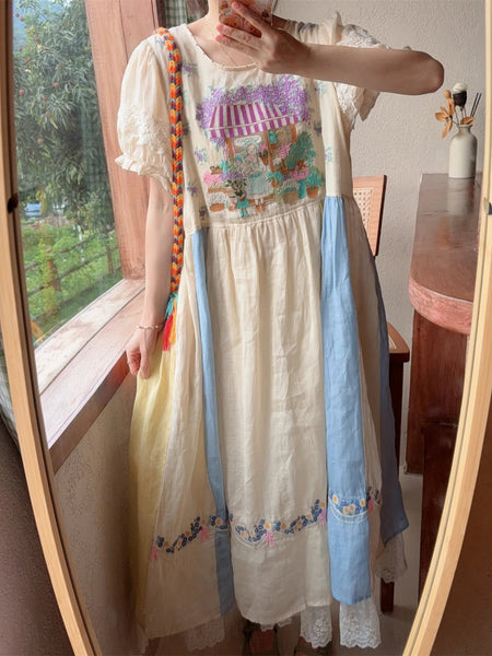 Exquisitely Embroidered Quirky A - Line Ramie+Linen MIDI Dress - Wigging It Etc