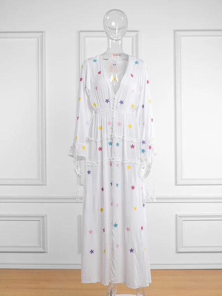 Alluring Breathable 100% Cotton Embroidered V - Neck Bohemian MAXI Dress - Wigging It Etc