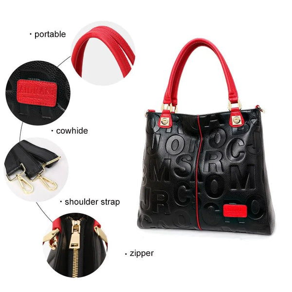 Genuine Cowhide Leather Embossed Lettered Tote Bag - Wigging It Etc