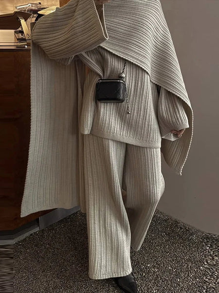 Chic Cotton Blend 3 Piece Sweater+Shawl+Palazzo Pants Set - Wigging It Etc