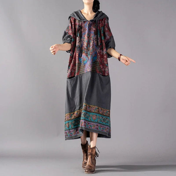 Vintage Hooded Cotton Blend Printed Floral MIDI Sweatshirt Style Dress - Wigging It Etc