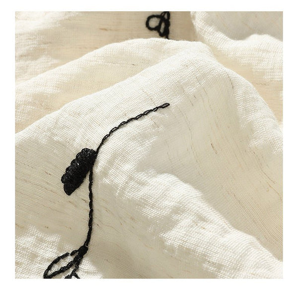 Minimalist Linen Blend A - Line Embroidered French Floral MIDI Dress - Wigging It Etc