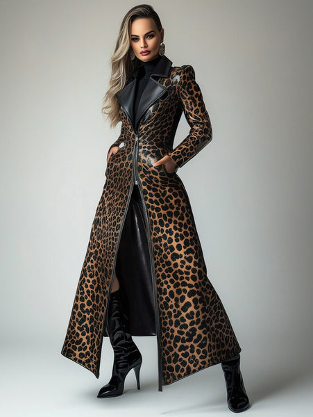 Sexy Sassy Vegan Friendly PU Leather Leopard Pattern Trench Coat - Wigging It Etc