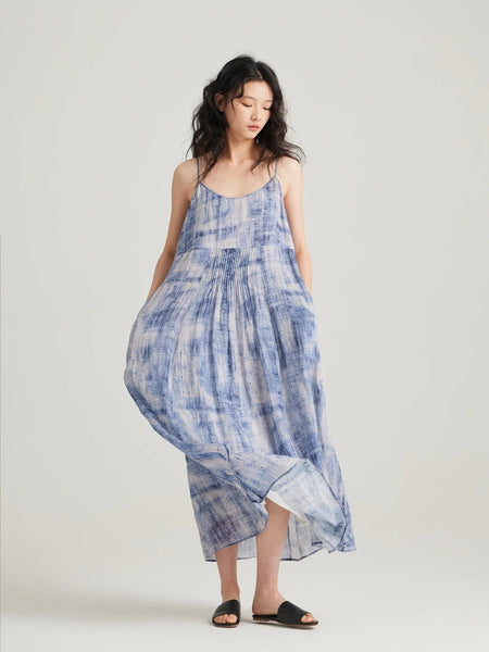 Vintage A - Line Cotton Linen Print MAXI Sundress - Wigging It Etc