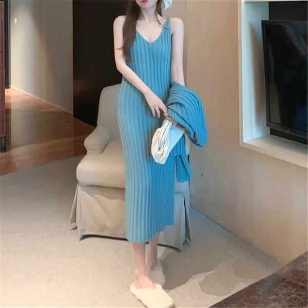 2 Piece Cotton Blend Pullover MIDI Sweater Dress+Sweater Set