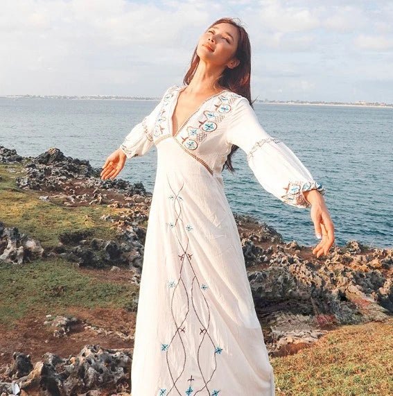 Classic Cotton V - Neck Lantern - Sleeved A - Line Bohemian MAXI Dress - Wigging It Etc