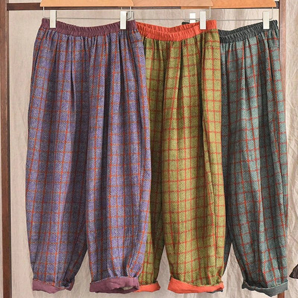 Vintage Breathable Cotton Linen All Season Plaid Pants - Wigging It Etc