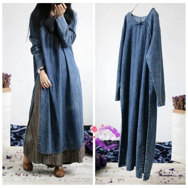 Retro Loose Comfy Denim Pullover MAXI Dress - Wigging It Etc