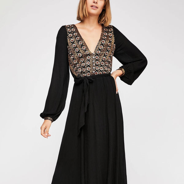 Intricately Embroidered A - Line Bohemian Muslin Cotton MAXI Dress - Wigging It Etc