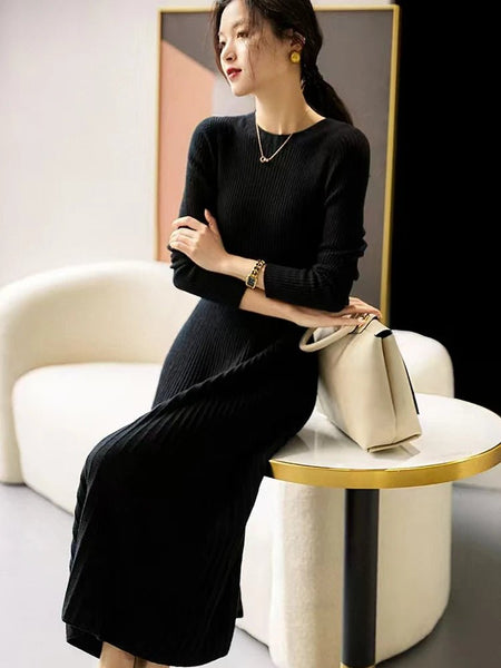 Elegant 100% Merino Wool A - Line Pleated Flared 3 Season MAXI Dress - Wigging It Etc