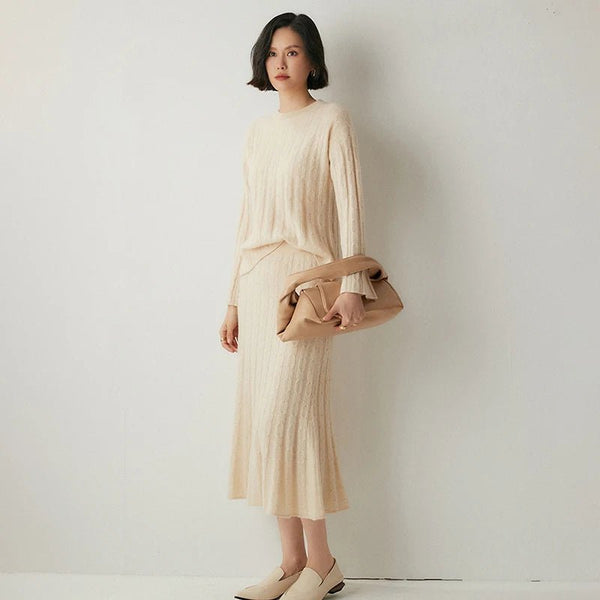 100%x*Alxa Cashmere Pullover Sweater+Pleated Autumn Winter MIDI Skirt Set - Wigging It Etc
