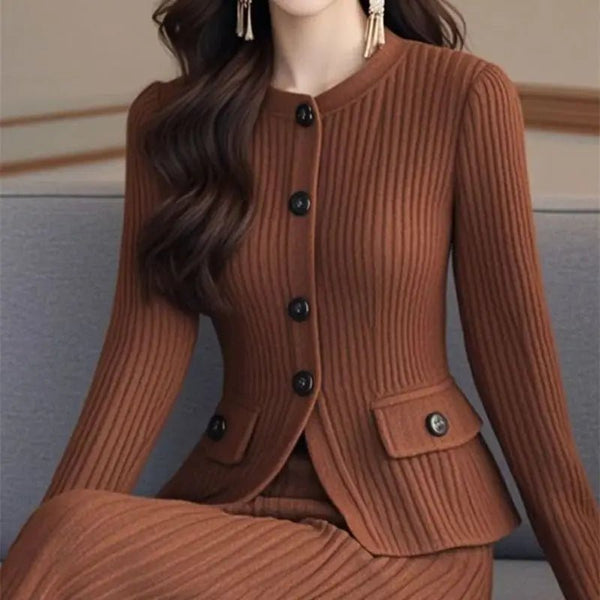 Elegant 2 - Piece Ribbed Wool Cardigan +Knit MAXI Skirt Set - Wigging It Etc