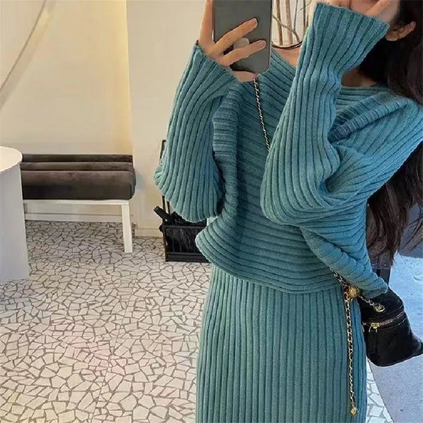2 Piece Cotton Blend Pullover MIDI Sweater Dress+Sweater Set