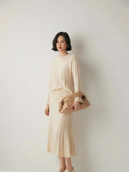 100%x*Alxa Cashmere Pullover Sweater+Pleated Autumn Winter MIDI Skirt Set - Wigging It Etc