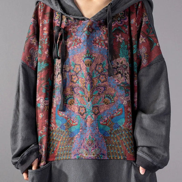 Vintage Hooded Cotton Blend Printed Floral MIDI Sweatshirt Style Dress - Wigging It Etc