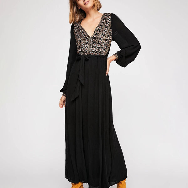 Intricately Embroidered A - Line Bohemian Muslin Cotton MAXI Dress - Wigging It Etc