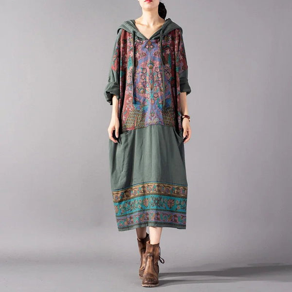 Vintage Hooded Cotton Blend Printed Floral MIDI Sweatshirt Style Dress - Wigging It Etc