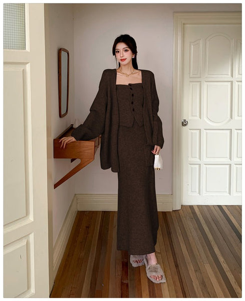 3 Piece Sexy Elegant Cotton Linen Blend Cardigan+Vest+MAXI Skirt Set - Wigging It Etc