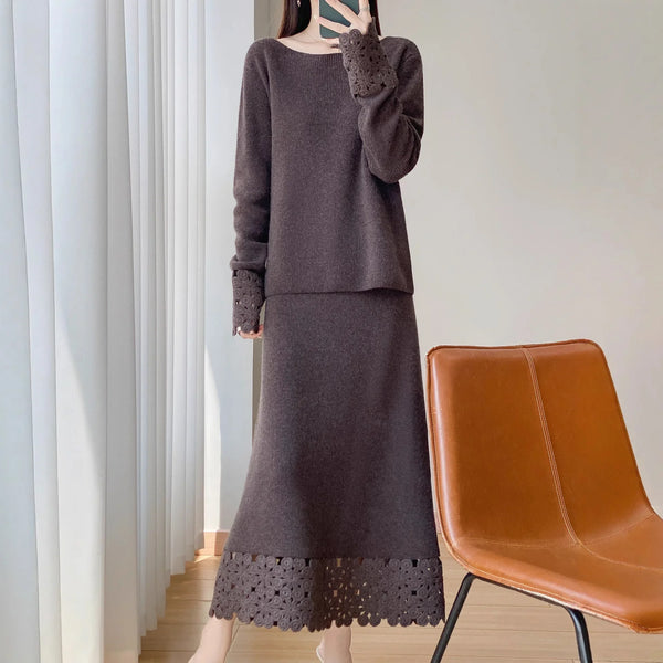 2 Piece Vintage Elegant 100% Wool Sweater+MAXI Skirt Set - Wigging It Etc