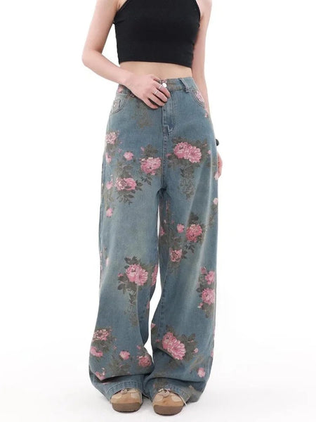Funky Retro Rose - Patterned Mid - Waisted Palazzo Jeans - Wigging It Etc
